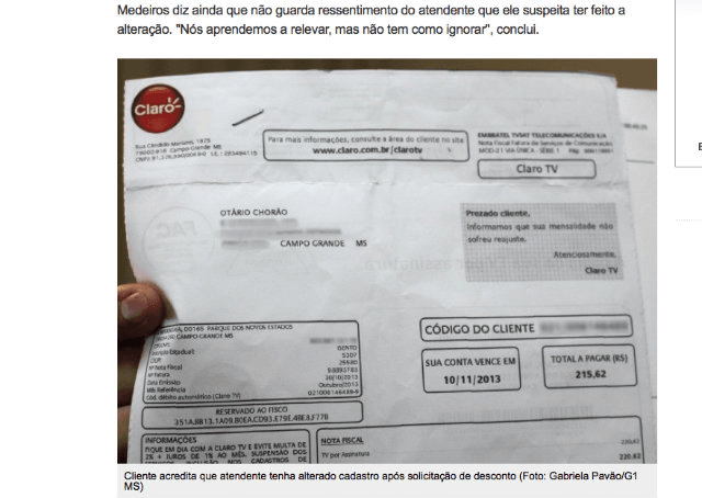 Cliente da Claro pede desconto e recebe conta em nome de "Otário Chorão"