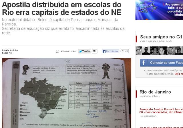 Material didático distribuído em escolas do Rio de Janeiro erra as capitais do NE