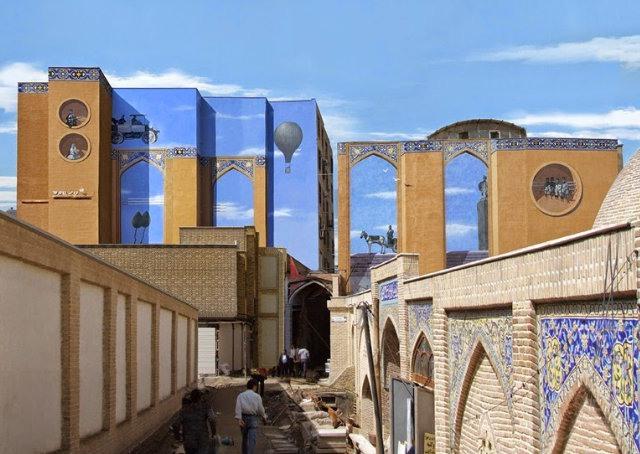 Artista de rua transforma fachadas de prédios iranianos com obras surreais