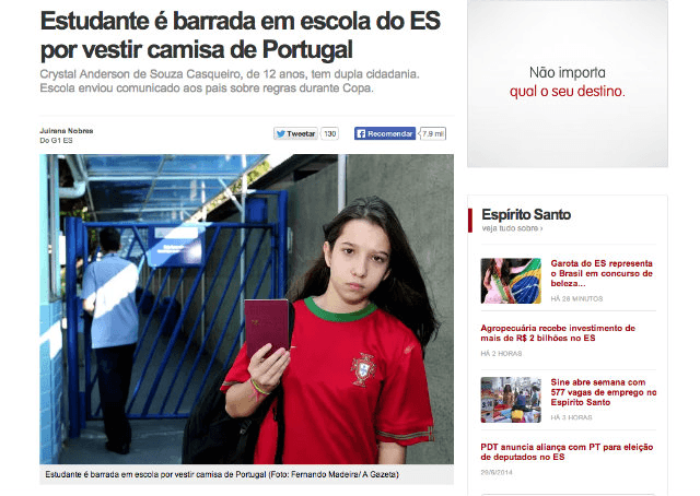 Aluna é barrada em colégio particular por vestir camisa de Portugal