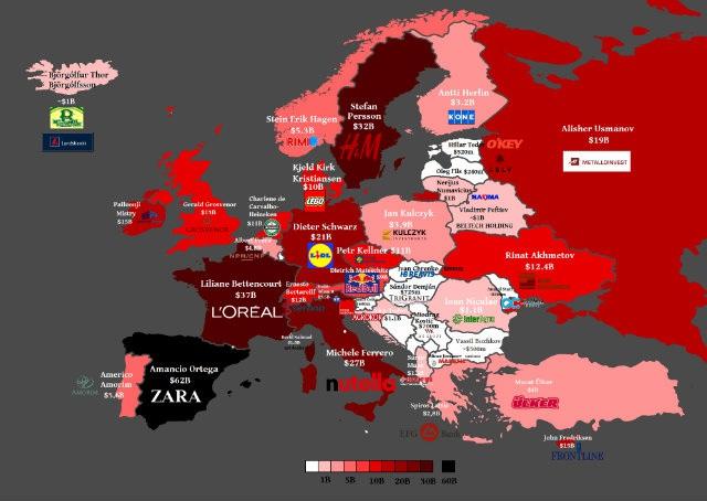 Infográfico troca nomes de países europeus pelos das empresas das pessoas mais ricas de cada um