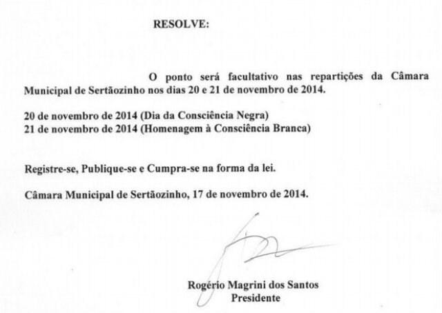 Câmara cria ponto facultativo por 'Consciência Branca' em Sertãozinho (SP)