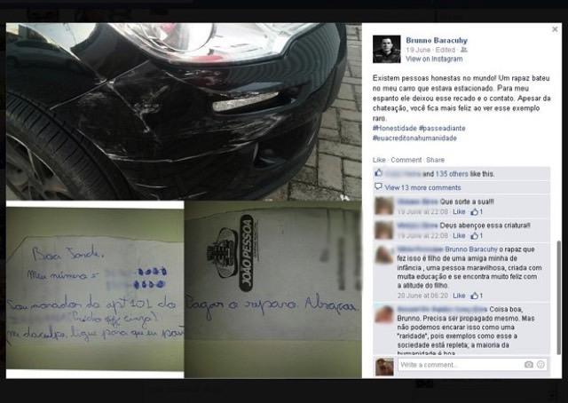 Estudante bate em carro e deixa bilhete com telefone; atitude repercute nas redes sociais