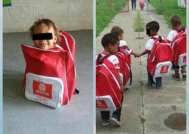 Prefeitura na Bahia distribui mochilas 'gigantes' para alunos de creches